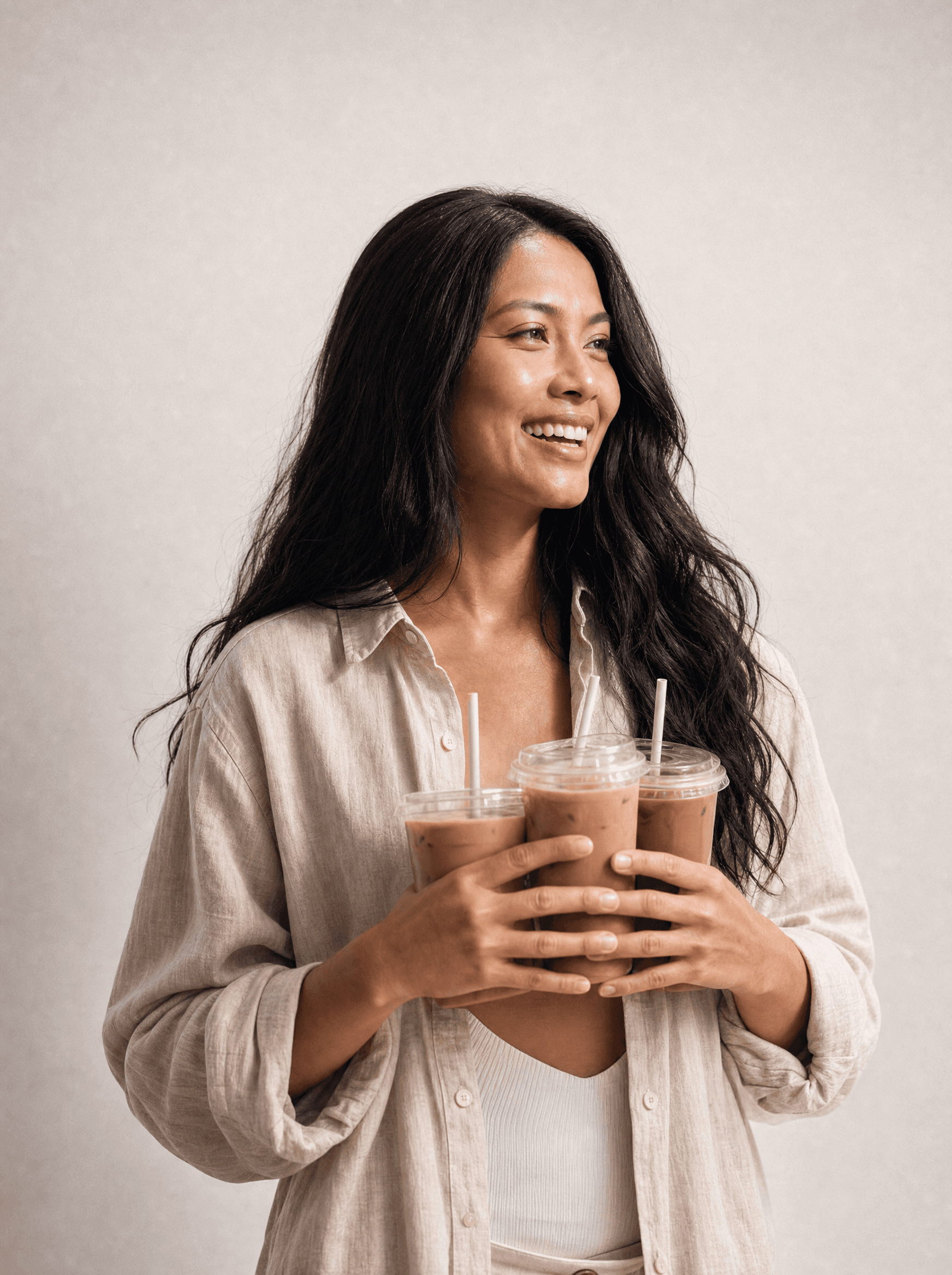 Woman in a beige linen shirt laughing, holding three iced coffees in clear cups, white studio