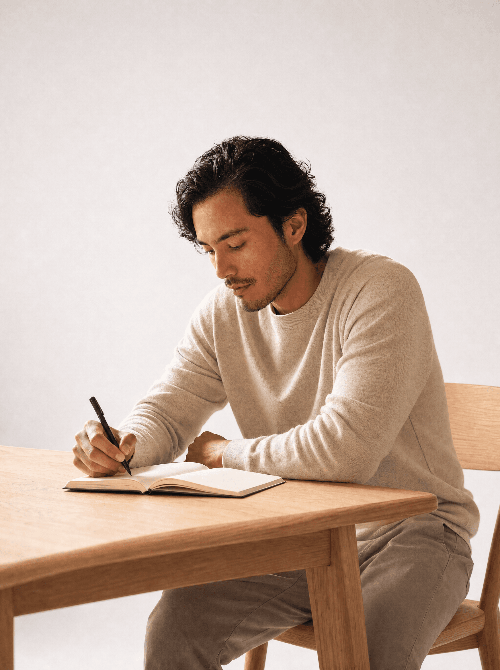 Man in an oatmeal crewneck writing in a notebook at an oak desk, white studio